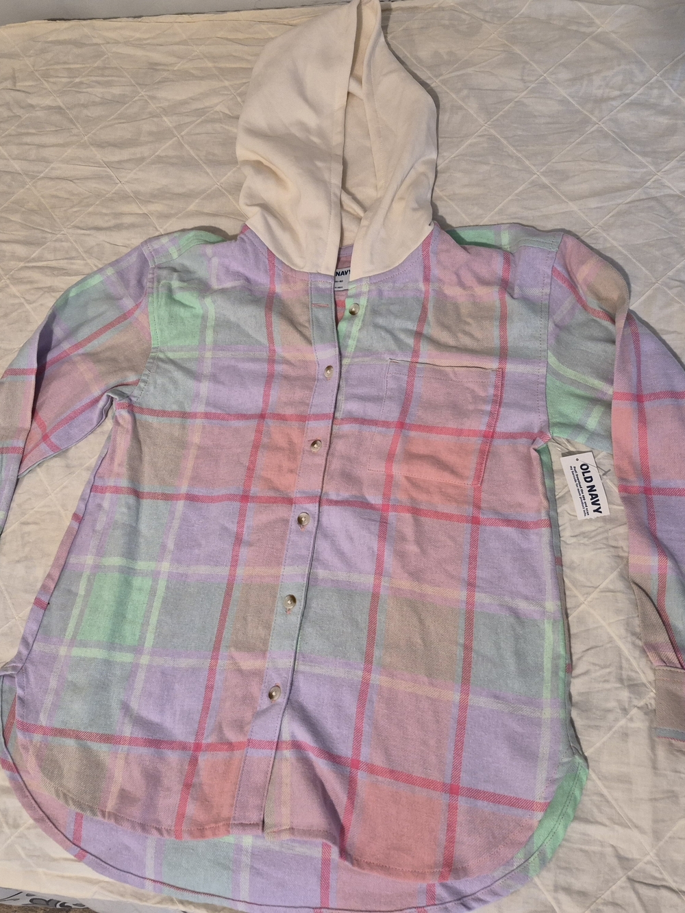 Old Navy Pastel Plaid Hooded Button-Front Shirt - Pink, Purple, Green, Cream